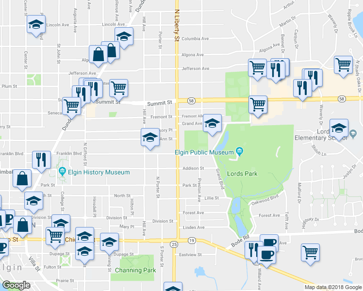 map of restaurants, bars, coffee shops, grocery stores, and more near 317 North Liberty Street in Elgin