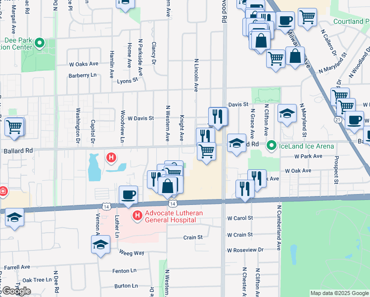 map of restaurants, bars, coffee shops, grocery stores, and more near 8715 Ballard Road in Des Plaines