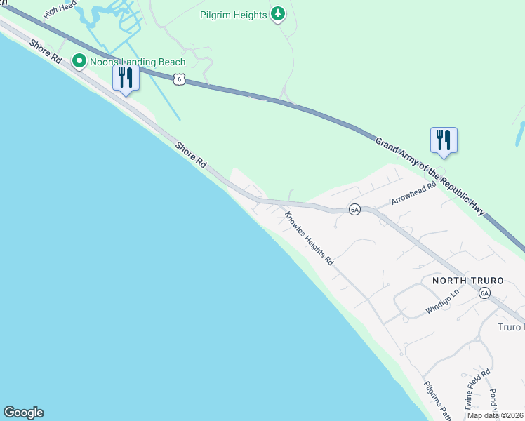 map of restaurants, bars, coffee shops, grocery stores, and more near 168 Shore Road in Truro