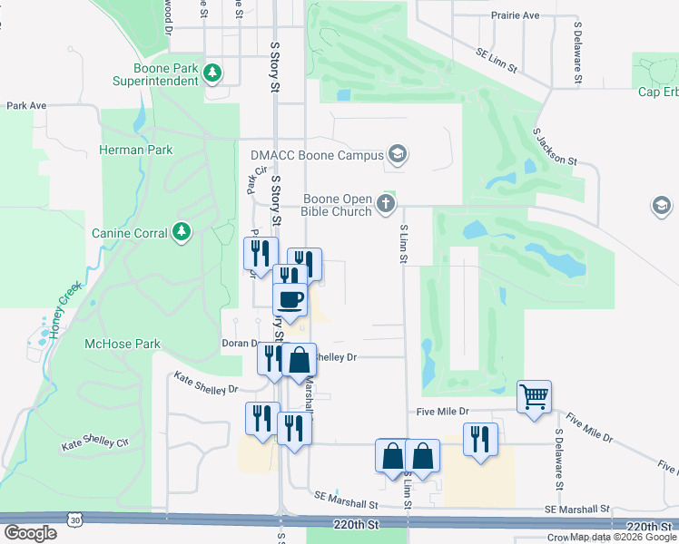 map of restaurants, bars, coffee shops, grocery stores, and more near 1052-1080 Marshall Street in Boone