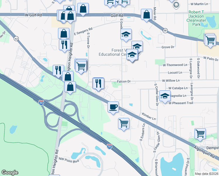 map of restaurants, bars, coffee shops, grocery stores, and more near 2348 South Goebbert Road in Arlington Heights