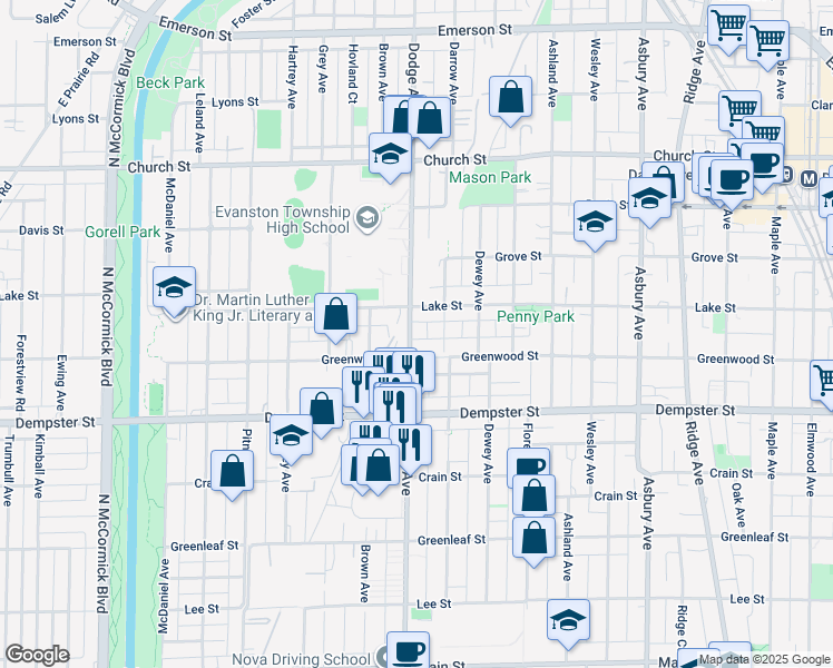map of restaurants, bars, coffee shops, grocery stores, and more near 1417 Dodge Avenue in Evanston