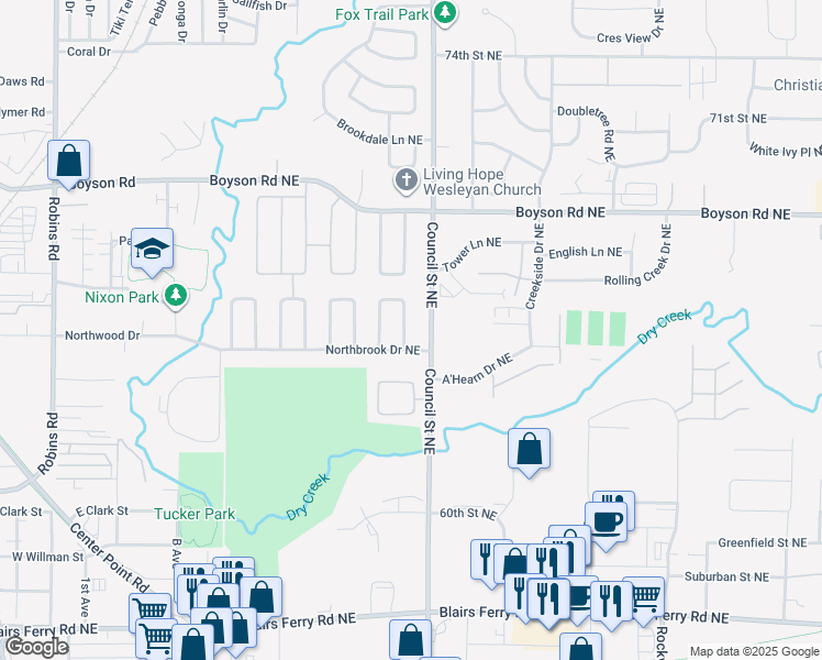 map of restaurants, bars, coffee shops, grocery stores, and more near 6512 Danbern Lane Northeast in Cedar Rapids