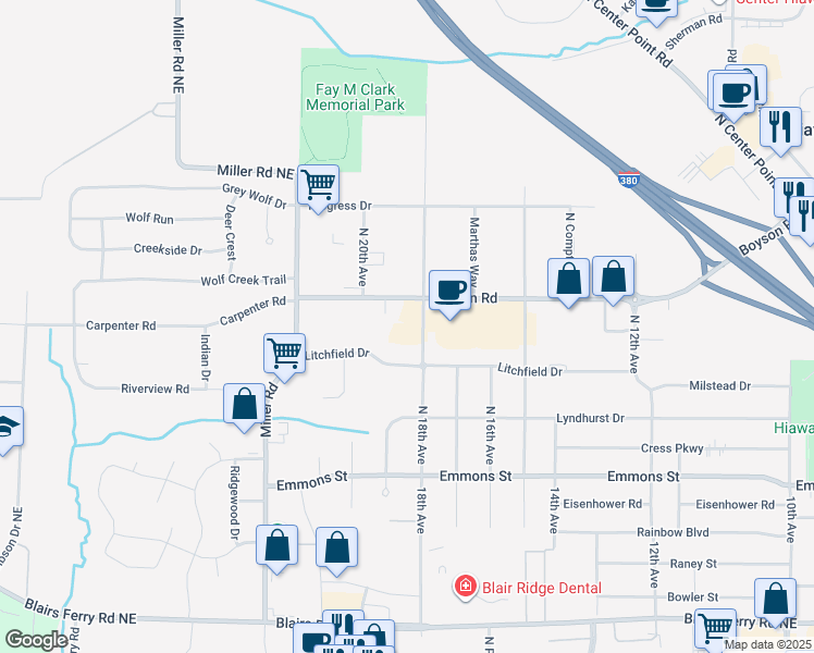 map of restaurants, bars, coffee shops, grocery stores, and more near 456 North 18th Avenue in Hiawatha