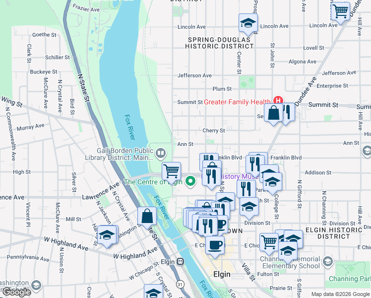 map of restaurants, bars, coffee shops, grocery stores, and more near 314 Brook Street in Elgin