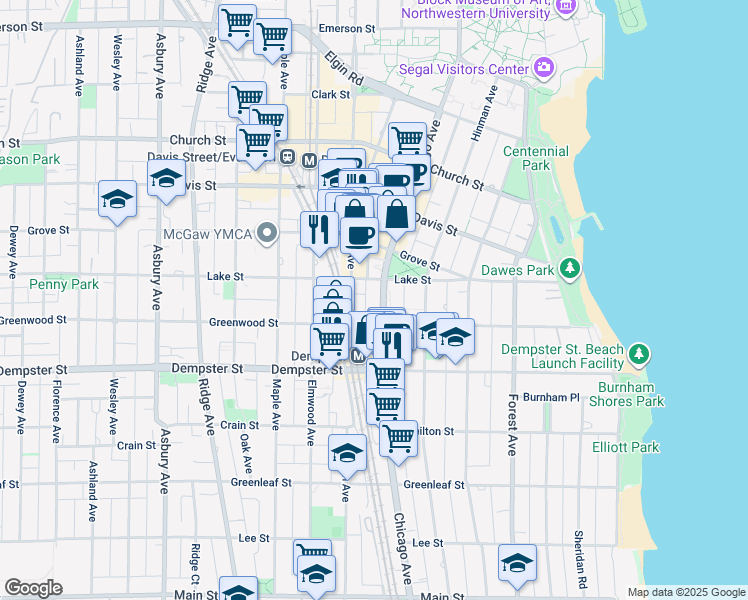map of restaurants, bars, coffee shops, grocery stores, and more near 1420 Chicago Avenue in Evanston