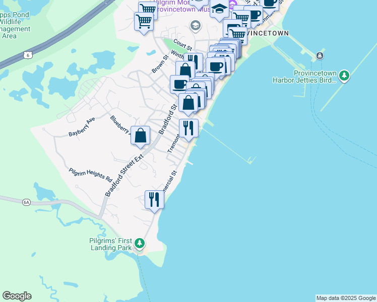 map of restaurants, bars, coffee shops, grocery stores, and more near 89 Commercial Street in Provincetown