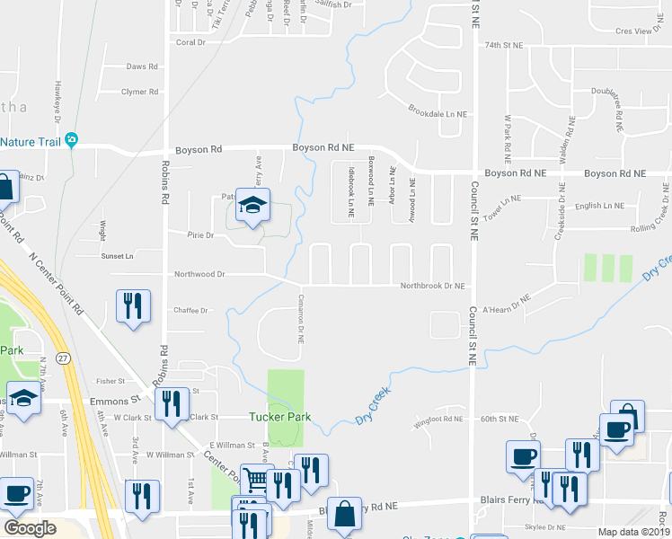 map of restaurants, bars, coffee shops, grocery stores, and more near 6512 Laurel Lane Northeast in Cedar Rapids