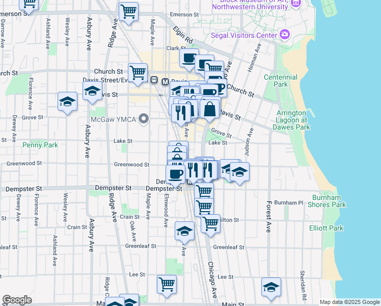 map of restaurants, bars, coffee shops, grocery stores, and more near 1421 Sherman Avenue in Evanston