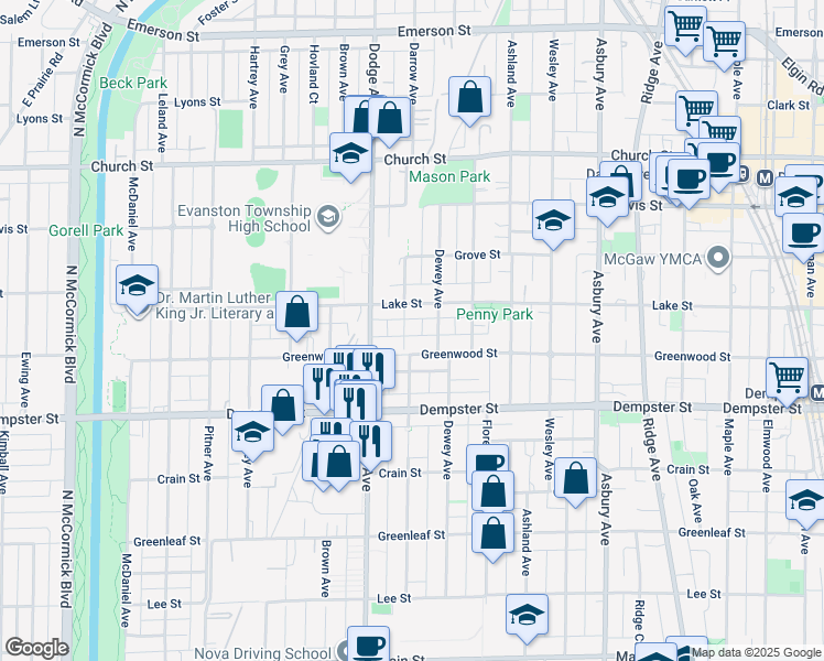 map of restaurants, bars, coffee shops, grocery stores, and more near 1417 Darrow Avenue in Evanston