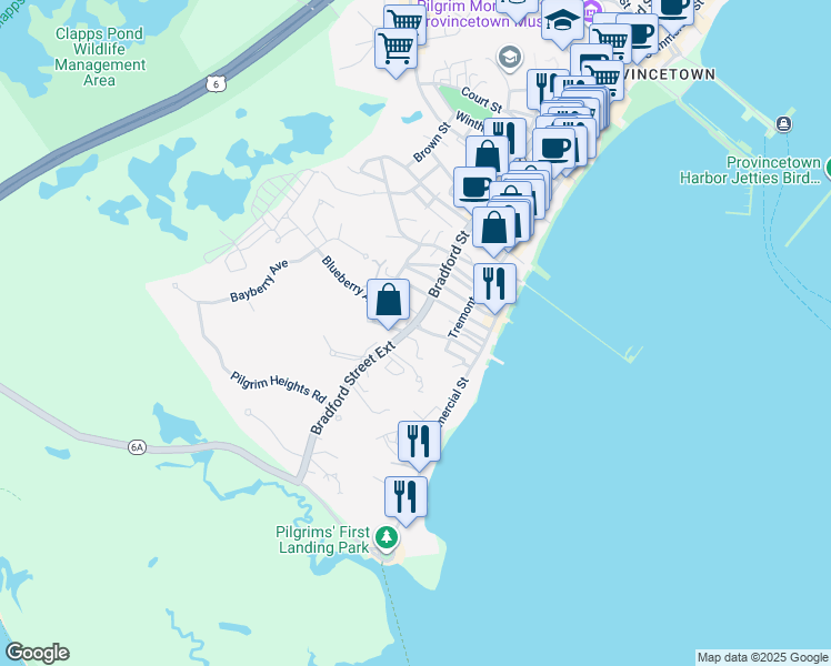 map of restaurants, bars, coffee shops, grocery stores, and more near 30 West Vine Street in Provincetown