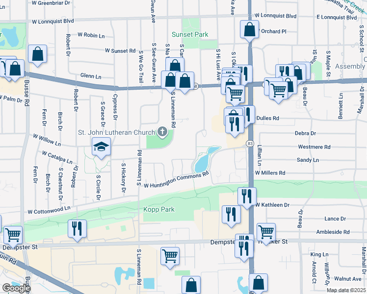 map of restaurants, bars, coffee shops, grocery stores, and more near 1111 South Linneman Road in Mount Prospect