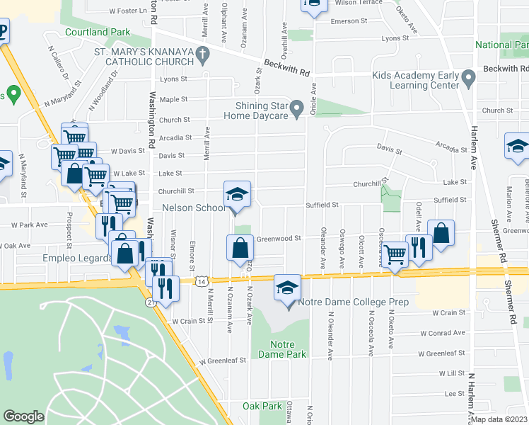 map of restaurants, bars, coffee shops, grocery stores, and more near 7655 Suffield Street in Morton Grove