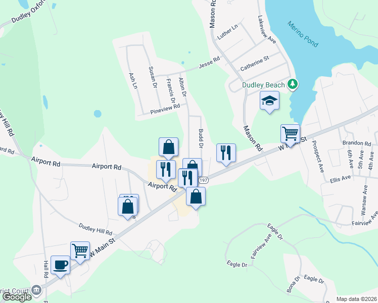 map of restaurants, bars, coffee shops, grocery stores, and more near 12 Alton Drive in Dudley