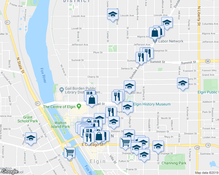 map of restaurants, bars, coffee shops, grocery stores, and more near 317 Center Street in Elgin