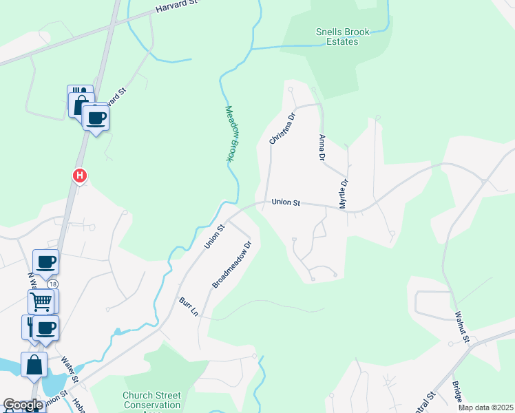map of restaurants, bars, coffee shops, grocery stores, and more near 577 Union Street in East Bridgewater