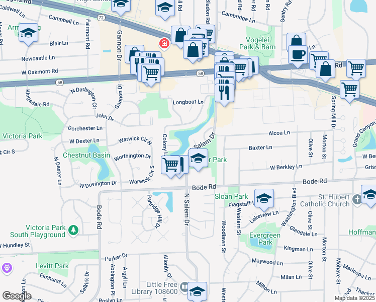 map of restaurants, bars, coffee shops, grocery stores, and more near 1050 North Salem Drive in Schaumburg