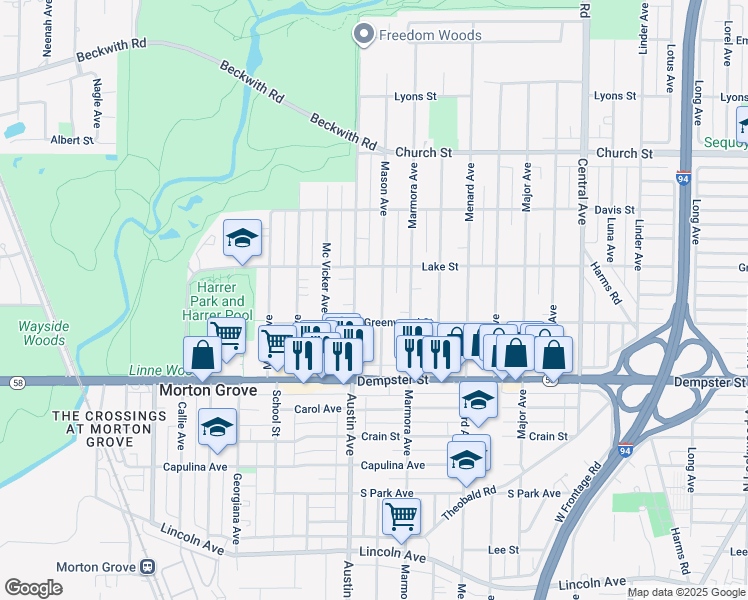 map of restaurants, bars, coffee shops, grocery stores, and more near 8920 Mason Avenue in Morton Grove