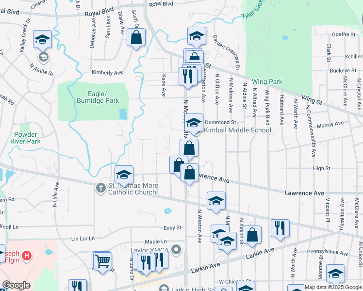 map of restaurants, bars, coffee shops, grocery stores, and more near 400 North McLean Boulevard in Elgin