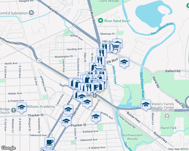 map of restaurants, bars, coffee shops, grocery stores, and more near 540 Lee Street in Des Plaines