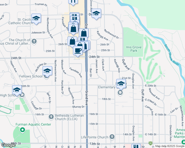 map of restaurants, bars, coffee shops, grocery stores, and more near 2112 Barr Drive in Ames