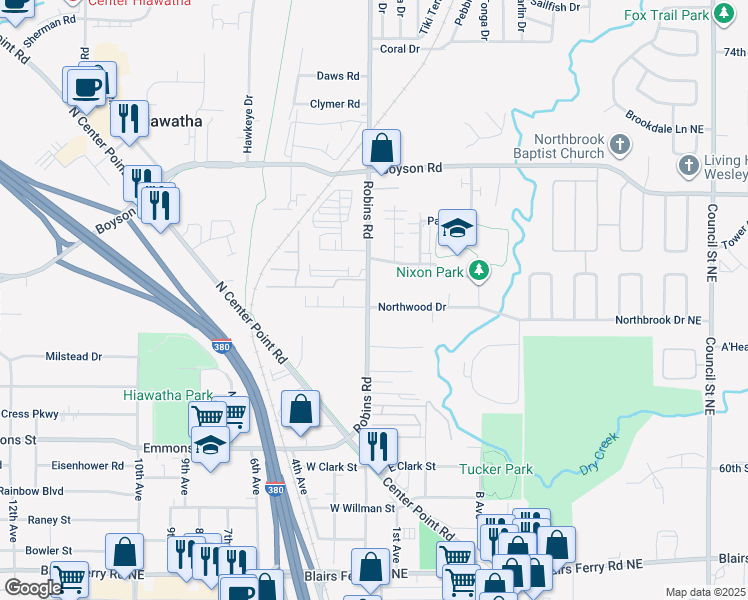 map of restaurants, bars, coffee shops, grocery stores, and more near 505 Robins Road in Hiawatha