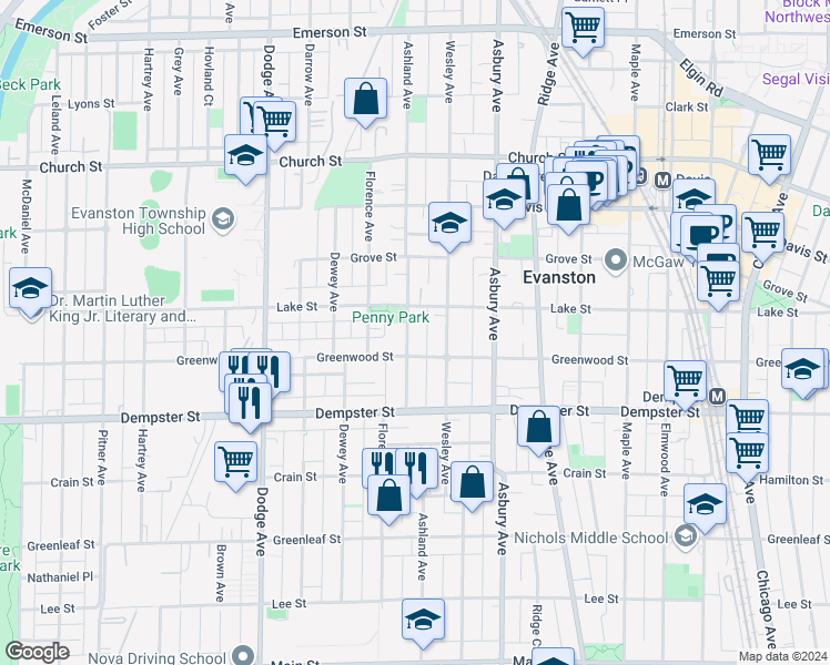 map of restaurants, bars, coffee shops, grocery stores, and more near 1417 Ashland Avenue in Evanston