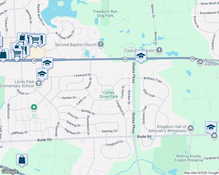 map of restaurants, bars, coffee shops, grocery stores, and more near 1317 Leawood Drive in Elgin