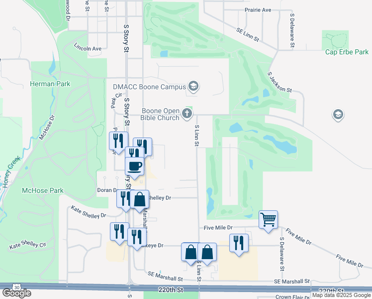 map of restaurants, bars, coffee shops, grocery stores, and more near 1127 South Linn Street in Boone