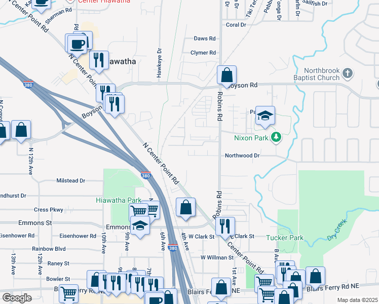 map of restaurants, bars, coffee shops, grocery stores, and more near 58 Northwood Drive in Hiawatha