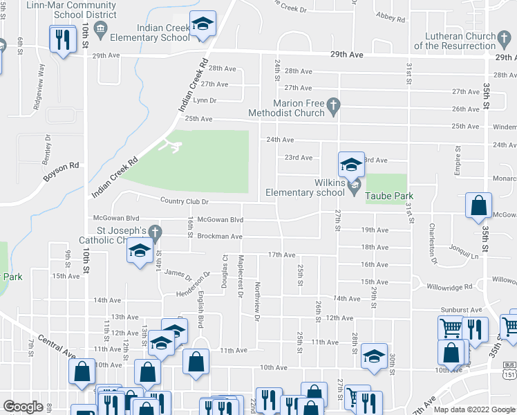 map of restaurants, bars, coffee shops, grocery stores, and more near 2225 Country Club Drive in Marion