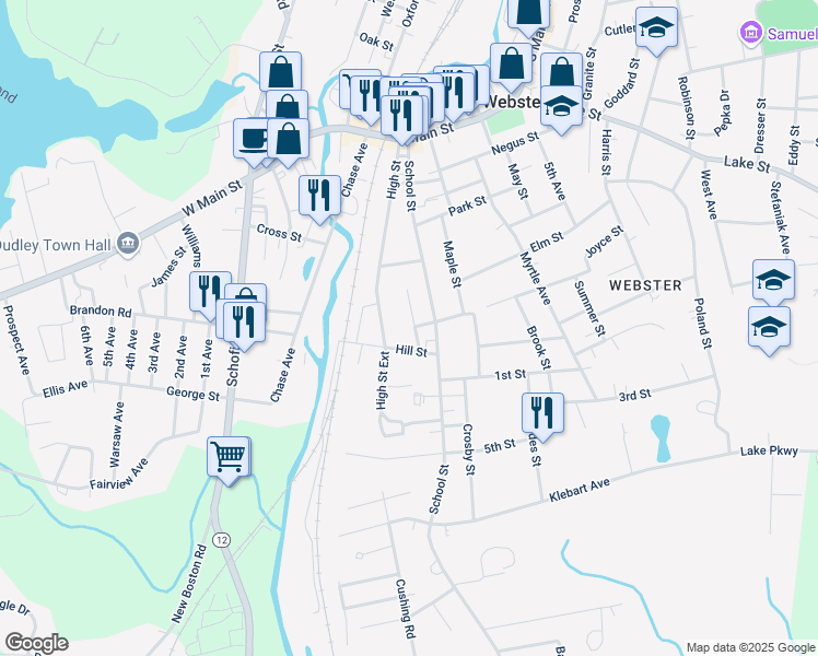 map of restaurants, bars, coffee shops, grocery stores, and more near 10 Day Lane in Webster