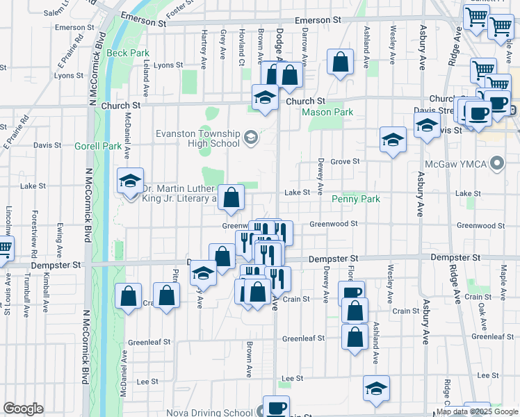 map of restaurants, bars, coffee shops, grocery stores, and more near 1419A Brown Avenue in Evanston