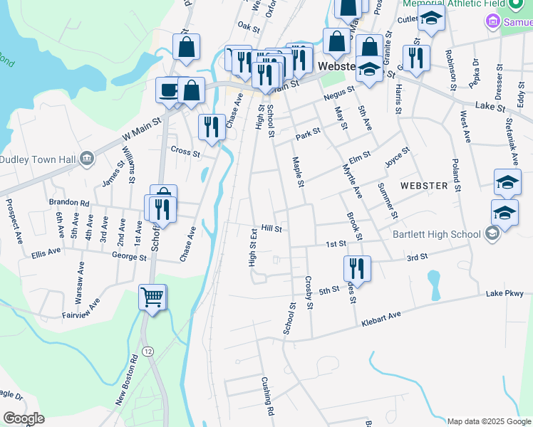 map of restaurants, bars, coffee shops, grocery stores, and more near 10 Day Lane in Webster