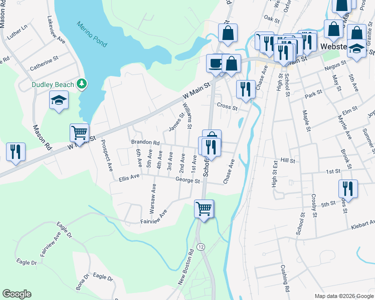 map of restaurants, bars, coffee shops, grocery stores, and more near 23 Brandon Road in Dudley