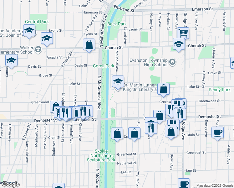 map of restaurants, bars, coffee shops, grocery stores, and more near 1419 Mcdaniel Avenue in Evanston