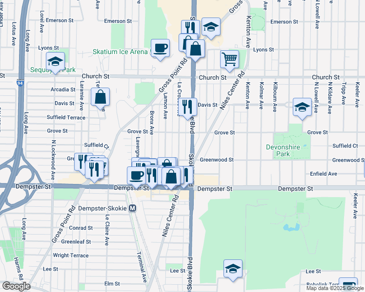 map of restaurants, bars, coffee shops, grocery stores, and more near 8926 La Crosse Avenue in Skokie