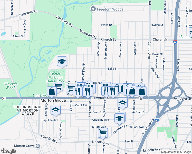 map of restaurants, bars, coffee shops, grocery stores, and more near 8920 Mason Avenue in Morton Grove