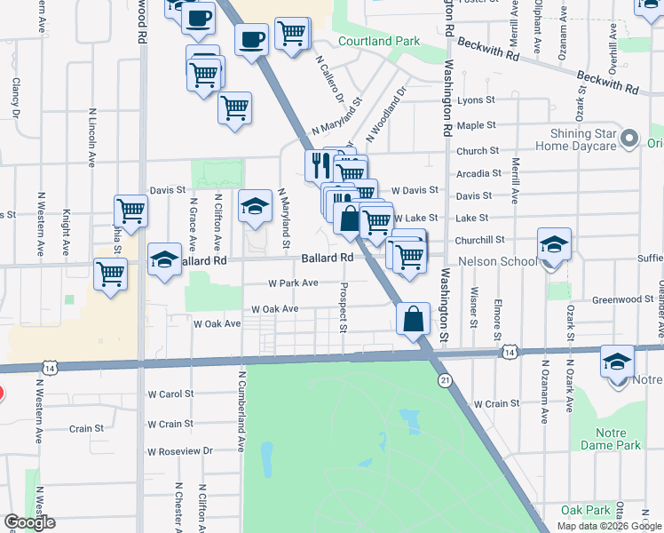 map of restaurants, bars, coffee shops, grocery stores, and more near 8203 Ballard Road in Niles