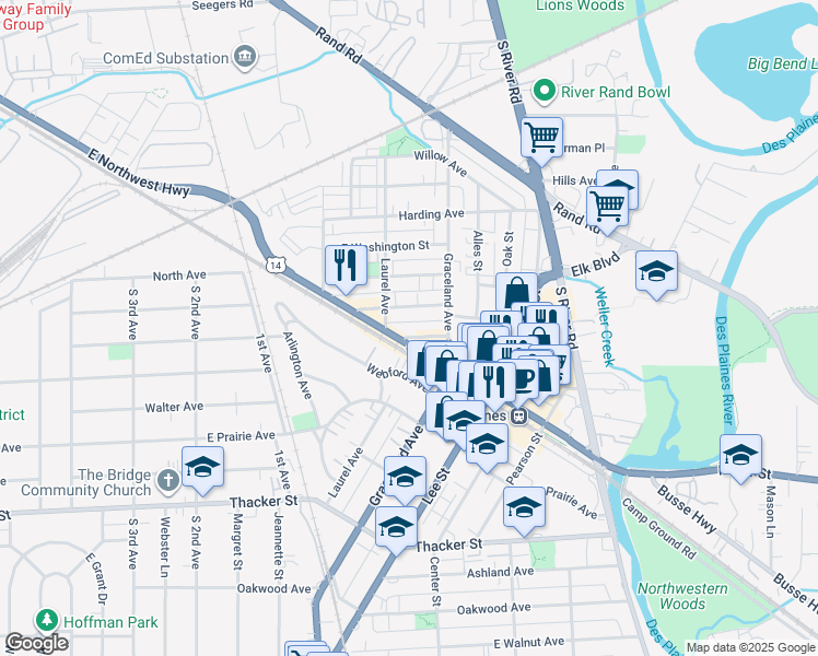 map of restaurants, bars, coffee shops, grocery stores, and more near 1300 Jefferson Street in Des Plaines