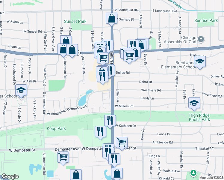 map of restaurants, bars, coffee shops, grocery stores, and more near 0 North Mount Prospect Road in Mount Prospect