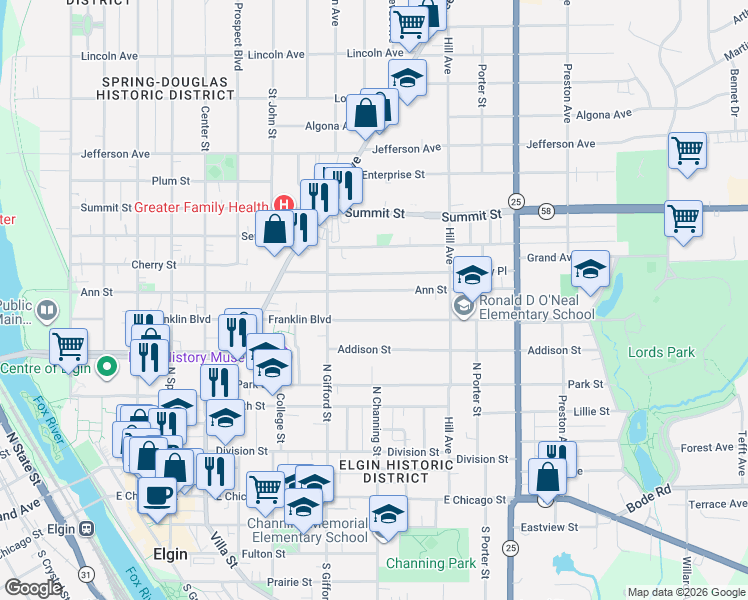 map of restaurants, bars, coffee shops, grocery stores, and more near 441 Ann Street in Elgin
