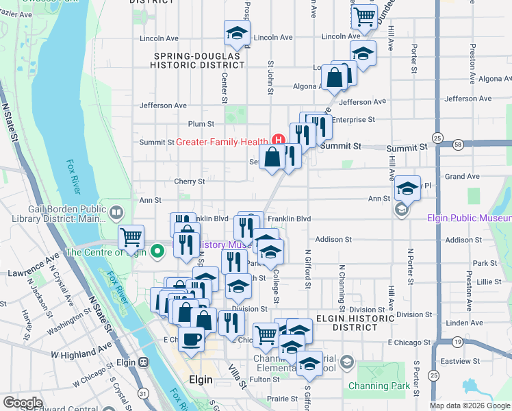 map of restaurants, bars, coffee shops, grocery stores, and more near 305 Ann Street in Elgin