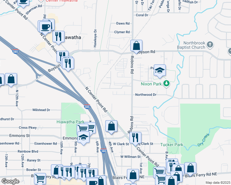 map of restaurants, bars, coffee shops, grocery stores, and more near 58 Northwood Drive in Hiawatha