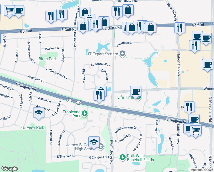 map of restaurants, bars, coffee shops, grocery stores, and more near 763 Whalom Lane in Schaumburg