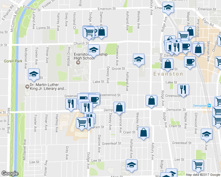 map of restaurants, bars, coffee shops, grocery stores, and more near 1417 Dewey Avenue in Evanston