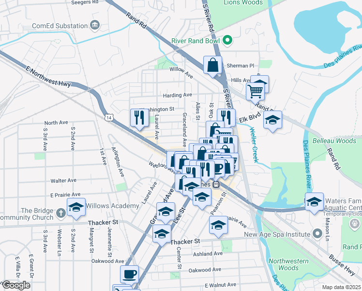 map of restaurants, bars, coffee shops, grocery stores, and more near 550 Graceland Avenue in Des Plaines