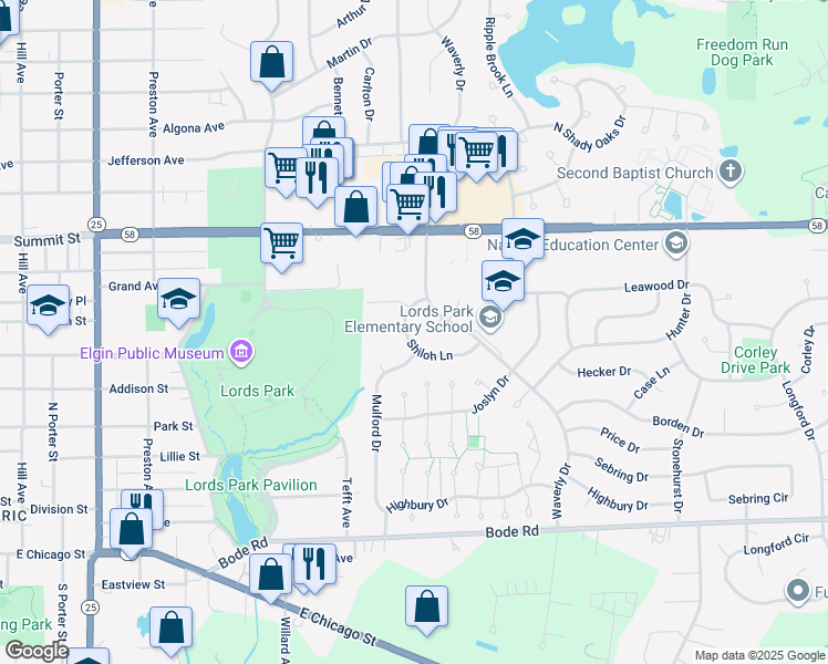 map of restaurants, bars, coffee shops, grocery stores, and more near 343 Shiloh Ln in Elgin