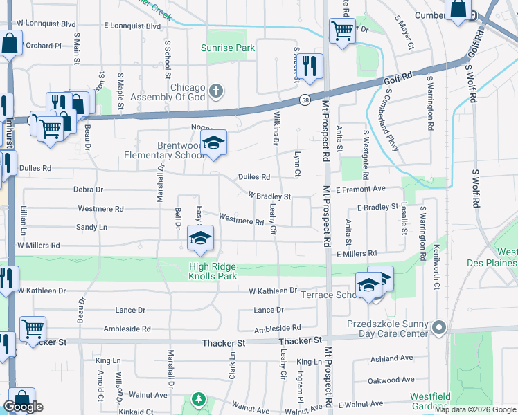 map of restaurants, bars, coffee shops, grocery stores, and more near 451 Farthing Lane in Des Plaines