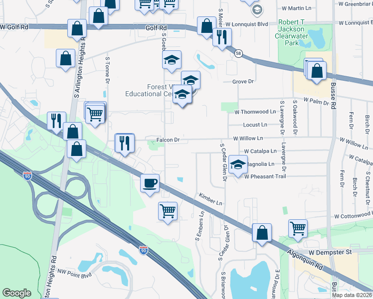 map of restaurants, bars, coffee shops, grocery stores, and more near 703 Falcon Drive in Arlington Heights
